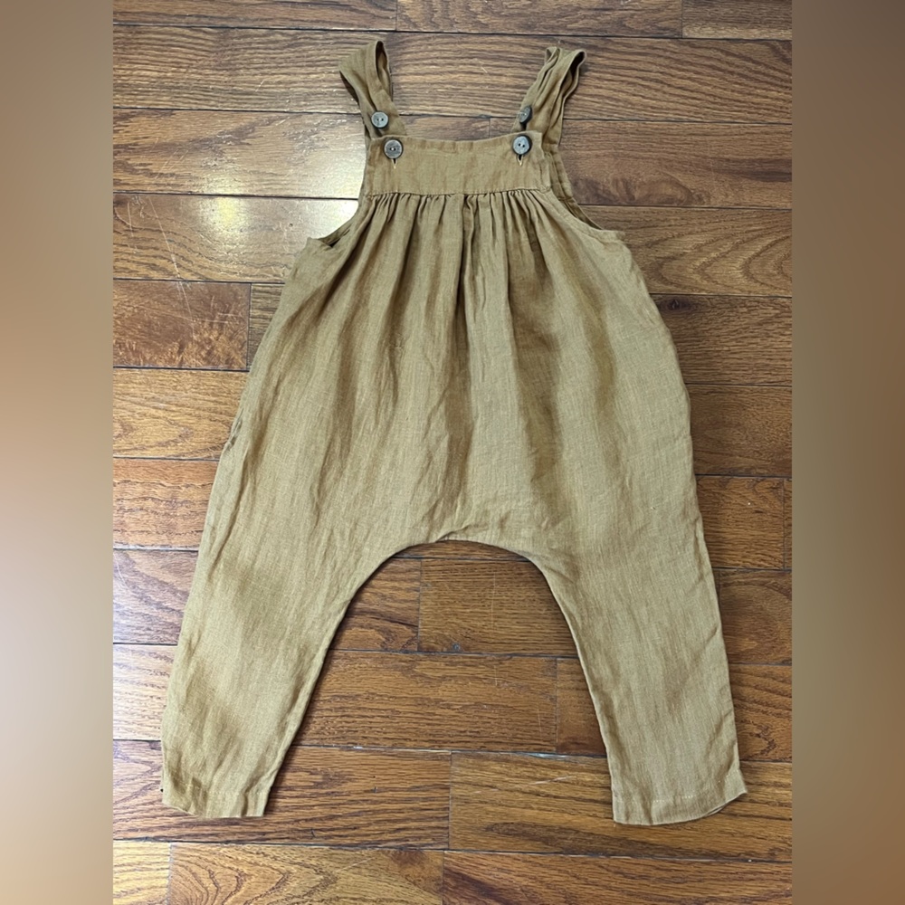 Tiny Threads Linen Romper Camel Button Strap Unisex Children’s Size 2 Yr